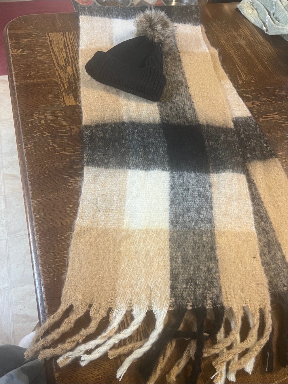 Lucky Brand Black and Cream Plaid Fringe Scarf